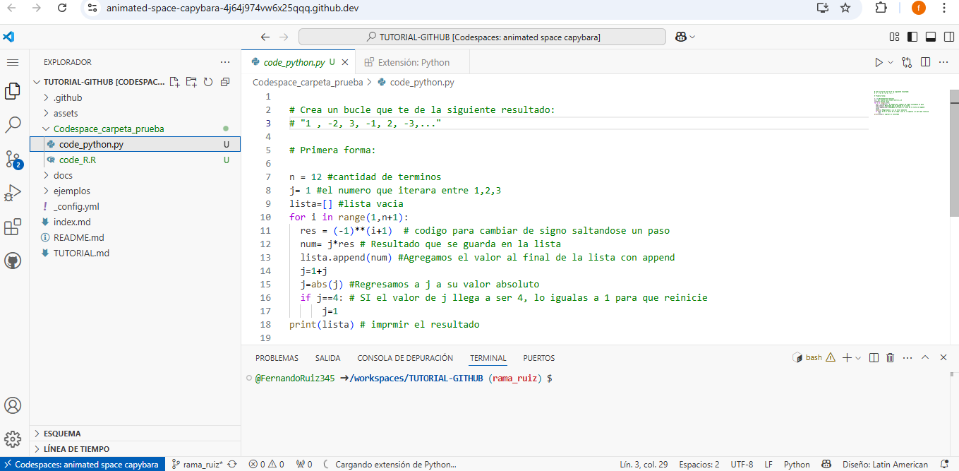 Captura de pantalla de Codespace