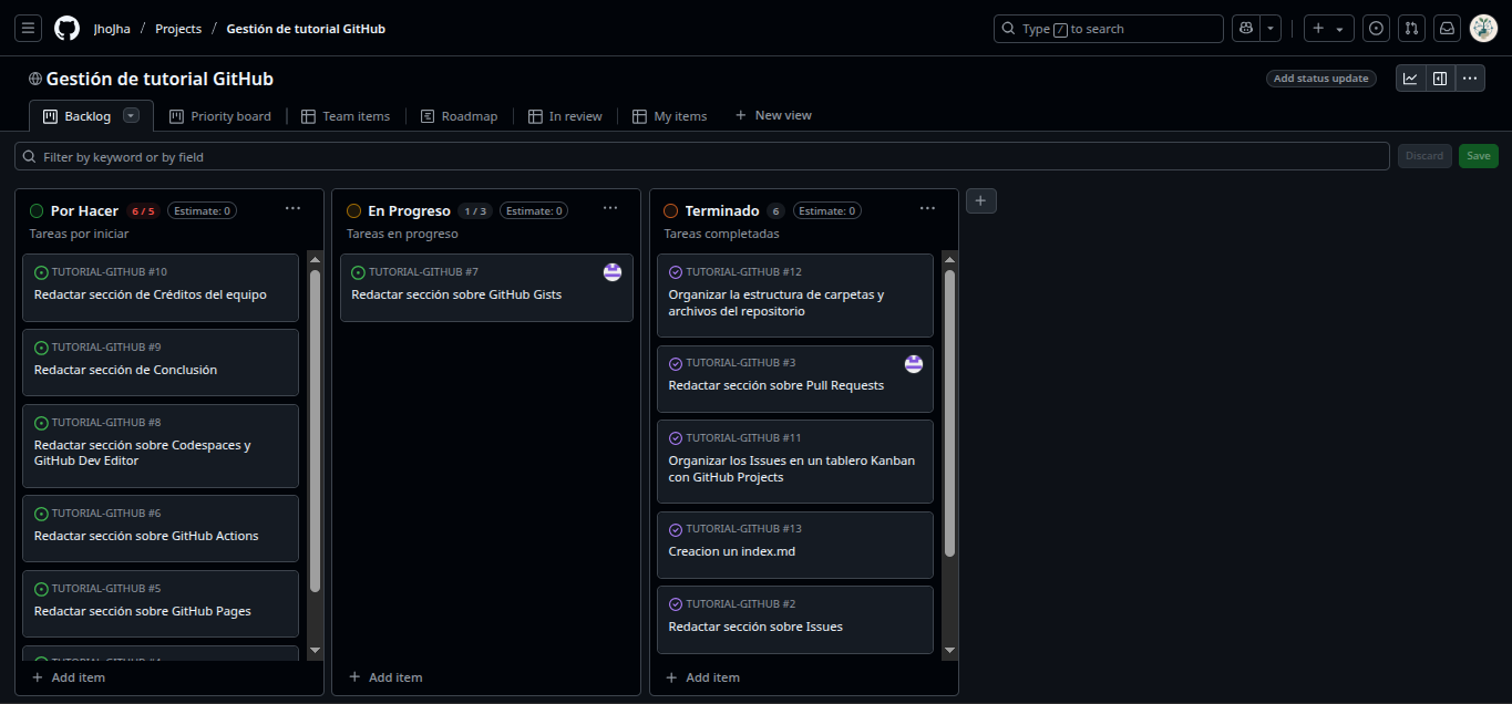 Tablero Kanban con tareas distribuidas por estado
